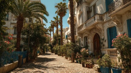 Fototapeta premium Picturesque street lined with palm trees and ornate buildings on a sunny day