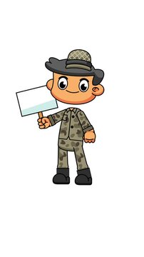 Army Cartoon Character Holding Banner, Blank Sign Pose for Message