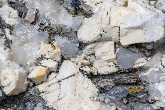 White feldspar crystals growing in pegmatite rock