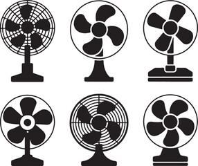 Six black silhouettes of different electric fans