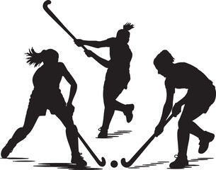 Women's field hockey players action silhouettes