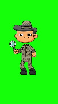 Searching Soldier Animation, Chibi Character with Magnifying Glass