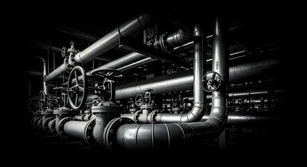 Industrial Landscape: A Monochrome Study of Pipes and Valves System