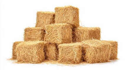 Stacked hay bales on white background. Neural network AI generated