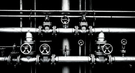 Obraz premium Monochrome Study Of Industrial Piping System With Valves And Gauges