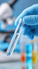 Gloved hand holds test tube with clear liquid in lab setting showing covid protection during pandemic for safe scientific research and health