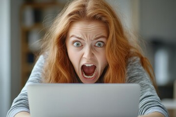 Red haired woman screaming at a laptop with a frustrated expression and blurred background indoors