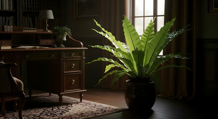 Bird's Nest Fern Near Classic Wood Desk In Vintage Style Interior