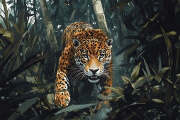 Jaguar Walking Through Dark Jungle Foliage