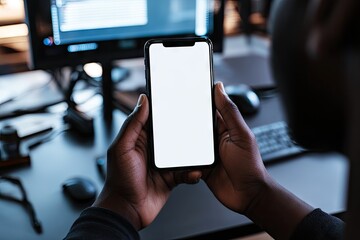Close-up of hands holding a smartphone with blank screen, in a dark work environment
