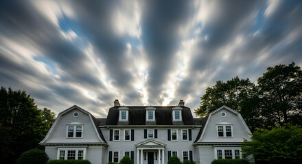 Majestic Home Under a Dramatic Sky With Fast Moving Clouds Above