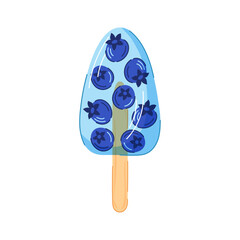 Blueberry popsicle ice cream with berries inside on wooden stick in cartoon isolated on white background. Perfect for summer food design, dessert packaging or recipe.