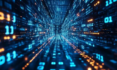 Abstract Digital Tunnel Blue Orange Glowing Binary Code Data Stream Network Technology Background Futuristic Virtual    