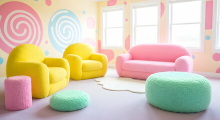 Playful And Whimsical Room With Pastel Furnishings For Kids or Childcare Space
