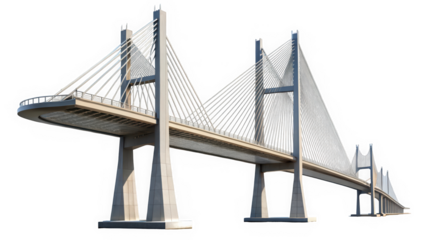A modern cable-stayed bridge showcasing its sleek design and architectural elegance. The structure is illuminated against a clear blue sky, emphasizing its grandeur.