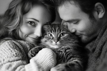 Romantic Couple Tenderly Cuddling Adorable Fluffy Cat Peaceful Black White Photograph Loving Pet hug love cozy warm home