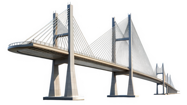 A modern cable-stayed bridge showcasing its sleek design and architectural elegance. The structure is illuminated against a clear blue sky, emphasizing its grandeur.