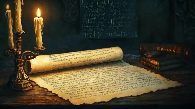 An old parchment scroll with handwritten text sits on a wooden desk, lit by candlelight, with leather-bound books and a quill nearby.