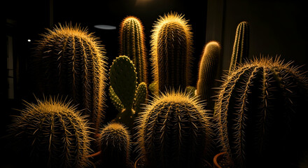 Captivating Golden Light Illuminating a Diverse Cactus Collection Display