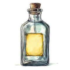 Isolated Glass Bottle with Yellow Label and Cork