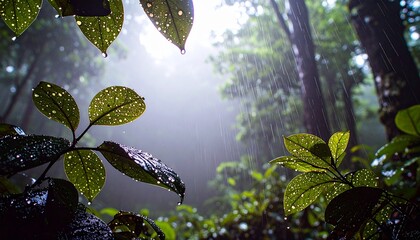 Foggy Monsoon Forest with Dewy Leaves and Moody Ambient Lighting