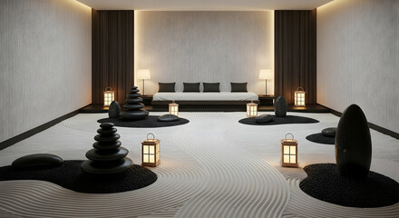 Zen Garden Interior Serene Spa Ambience with Black Stones and Lanterns