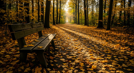 Autumnal Serenity Bench Scene Among Golden Leaves in Forest Park