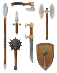 detailed vector illustration showing a variety of fantasy and ancient weapons and shields the image features swords, axes, hammers, spears, and torches, along with intricately designed round and tradi