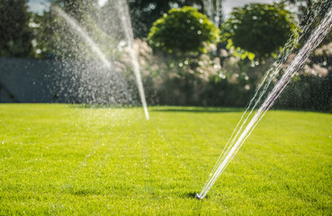 Sprinklers Watering a Lush Green Lawn on a Sunny Afternoon in a Residential Garden
