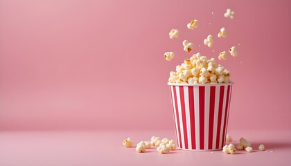 Popcorn in a striped paper cup on pink background. Cinema movie theater concept. Kernels fly in the air. Salted snack for watching movies, entertainment, leisure. Fast food for sale. See Less

