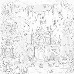 Obraz premium Underwater castle illustration with jellyfish and fish in outline style for coloring page