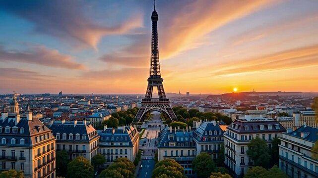 Eiffel tower view from afar with flowers and buildings during a vibrant sunset in paris