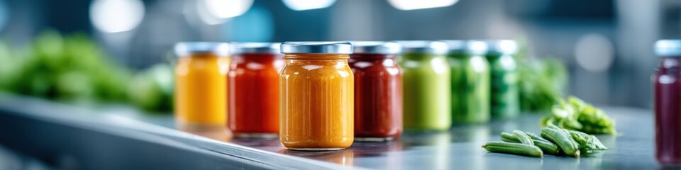 Dynamic view of vegetable canning production in a vibrant factory setting with jars ready for packing