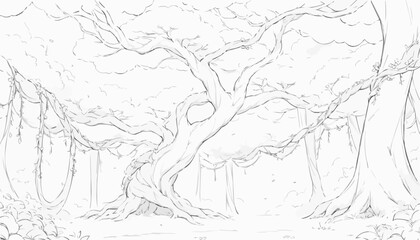 Fototapeta premium Detailed line art illustration of a whimsical forest with intricate trees and lush vegetation