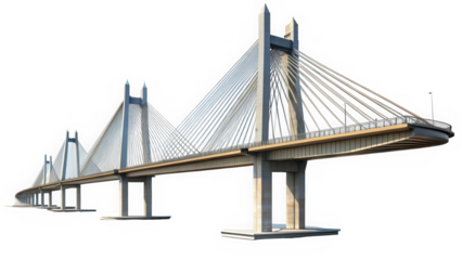 A modern cable-stayed bridge showcasing a sleek design with silvery cables and an expansive deck, set against a clear blue sky.