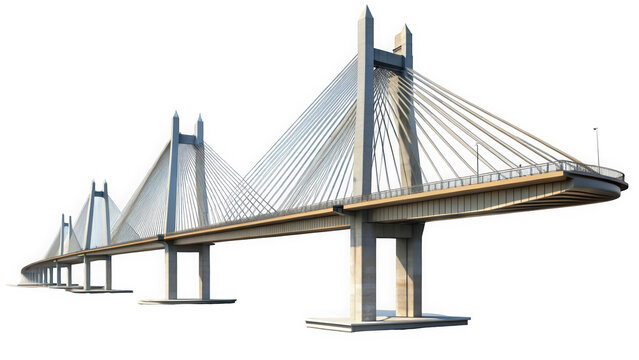 A modern cable-stayed bridge showcasing a sleek design with silvery cables and an expansive deck, set against a clear blue sky.