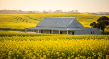 Picturesque Countryside Home Surrounded By Vibrant Canola Field At Sunrise