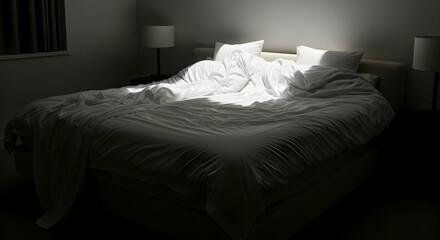 Sunlight Streamed Onto Rumpled Bedding In Dim Lit Room Creates Somber Atmosphere