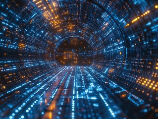 Futuristic Tech Tunnel Background: Interwoven Blue Binary Electronic Lines in Space Capsule Passage. Cybernetic Light-Shadow Network with Dynamic Geometry