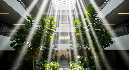 Sunlit Interior Featuring Lush Plants And Architectural Design Elements