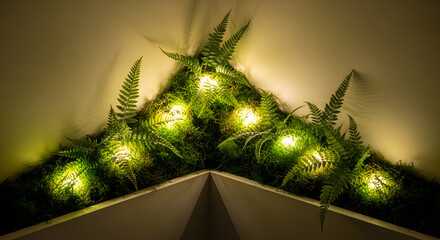 Illuminated Green Ferns and Moss Triangle Display on Wall Decoration
