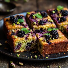 Slices of pistachio and blackberry cake, topped with fresh mint leaves, displayed on a dark platter