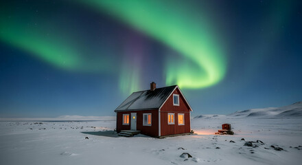 Red Cabin Beneath Dancing Aurora Borealis In A Winter Wonderland Landscape