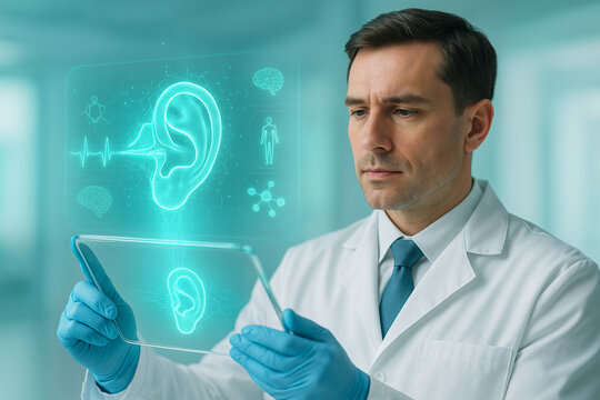 AI generated image of a male doctor in a high tech lab coat using a transparent tablet to analyze a glowing 3D hologram of the human auditory system in a clean modern medical setting