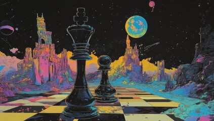 Chess pieces in a vibrant alien landscape