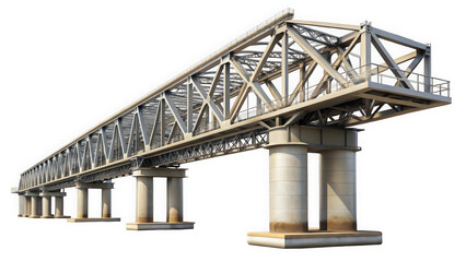 A modern steel bridge structure showcasing intricate lattice design and concrete supports, reflecting a strong industrial aesthetic in a clear environment.