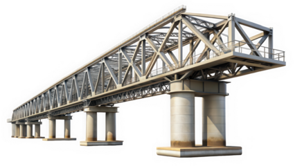 A modern steel bridge structure showcasing intricate lattice design and concrete supports, reflecting a strong industrial aesthetic in a clear environment.
