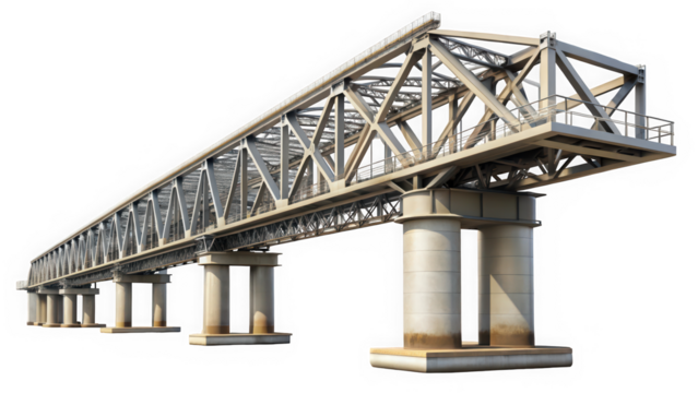 A modern steel bridge structure showcasing intricate lattice design and concrete supports, reflecting a strong industrial aesthetic in a clear environment.