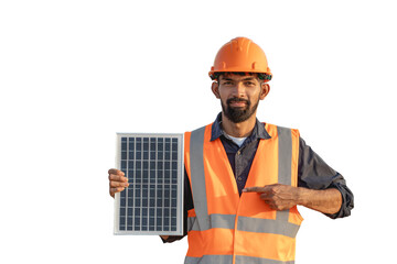 Smiling handsome bearded young engineer in hard hat pointing at solar panels isolated on white background. Clean renewable energy concept for the future