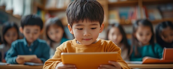 A young boy in a classroom using a tablet with other students visible in the background focused on devices